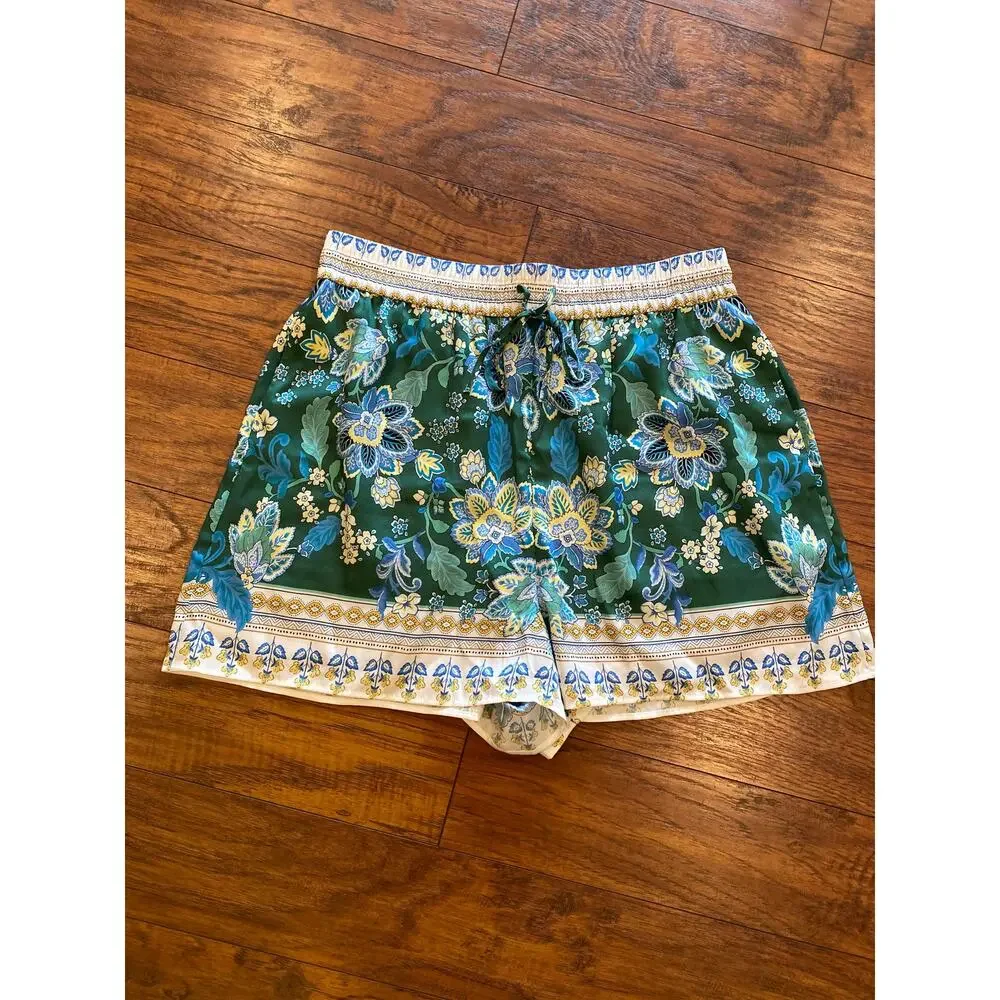 ANTHROPOLOGIE MAEVE Shorts Blue Green Floral Pull On Pockets Size L Boho - Picture 2 of 9